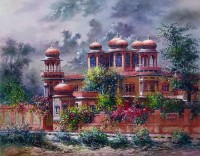 Hanif Shahzad, Mohatta Palace I - Karachi, 27 x 36 Inch, Oil on Canvas, Landscape Painting, AC-HNS-107